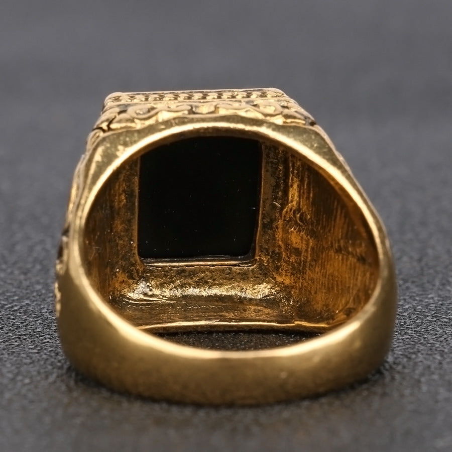 Gold Plated Alloy Ring with Black Stone Tibetan Inspired Design Retro Ethnic Statement Jewelry For Him Ethnic Gold