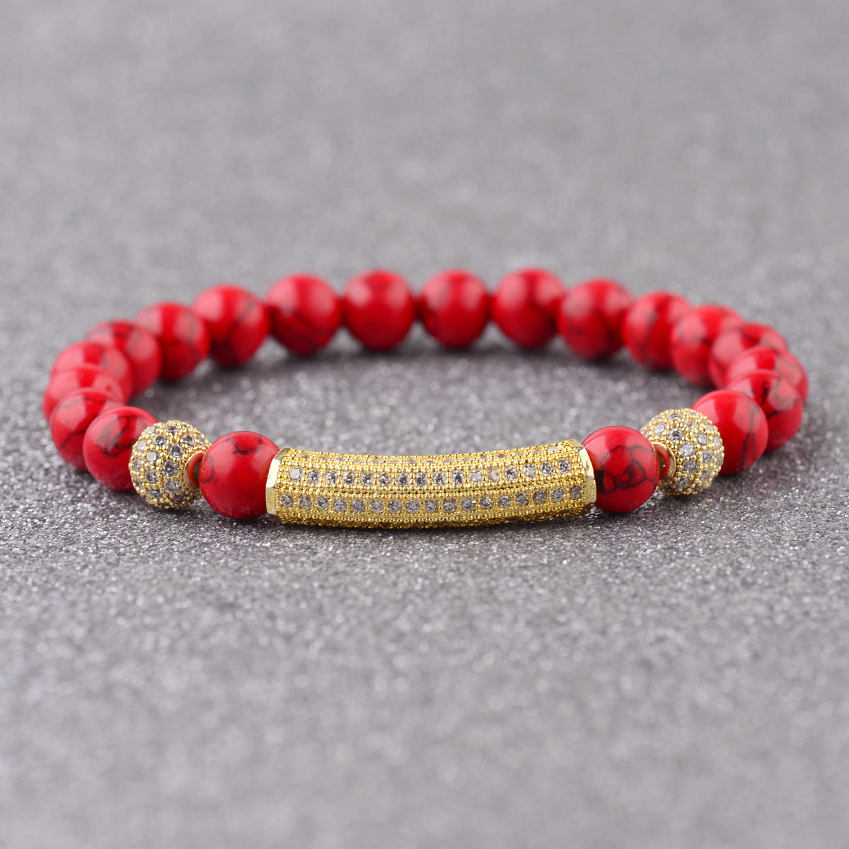 Red Pine Wood Bracelet With Copper Crown And Red Turquoise Accents Micro Inlaid White Zircon Elastic Cord Glow