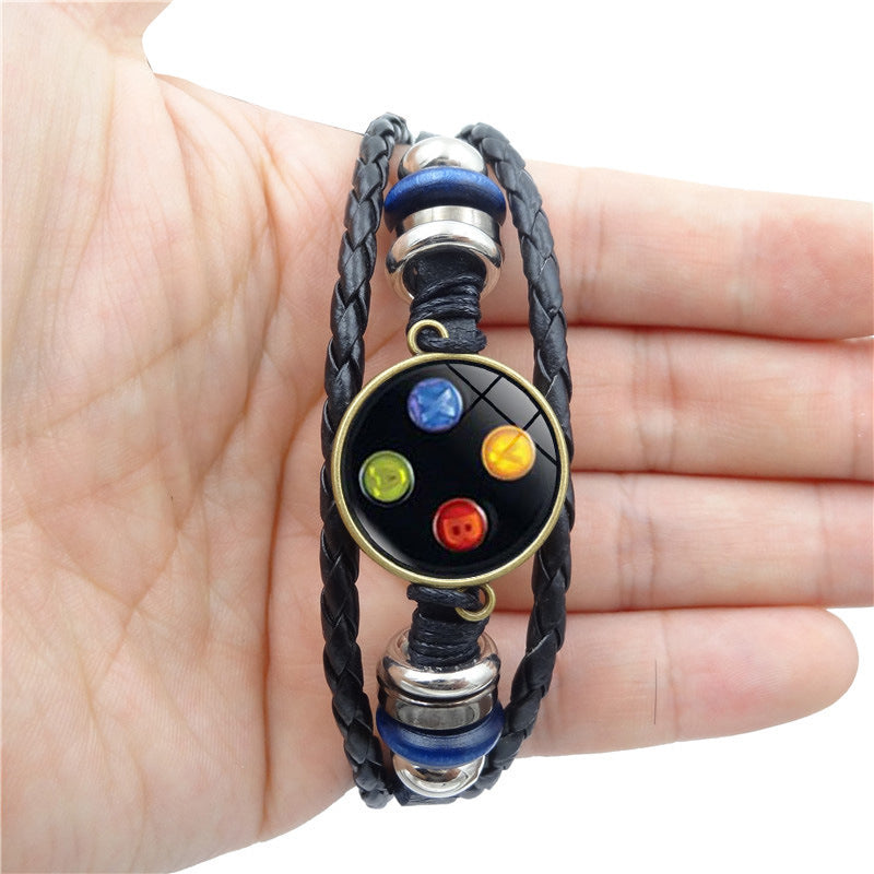 Unisex Leather Bracelet Vintage Alloy Constellation Beaded Design Retro Game Controller Time Gem Anniversary Keepsake