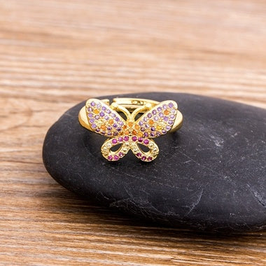 Womens Butterfly Ring With Rhinestones Gold Plated Copper Adjustable Open Band Korean Fashion Jewelry Gift Now