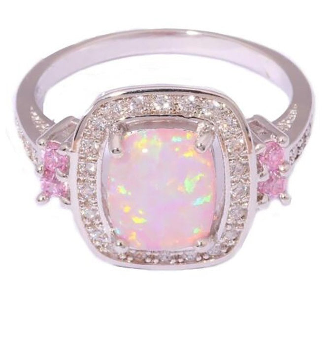 Women Austrian Crystal Rose Opal Ring Fire Fashion Jewelry Silver Plated Gift Accessory Pink Size 5 6 7 8 9 10