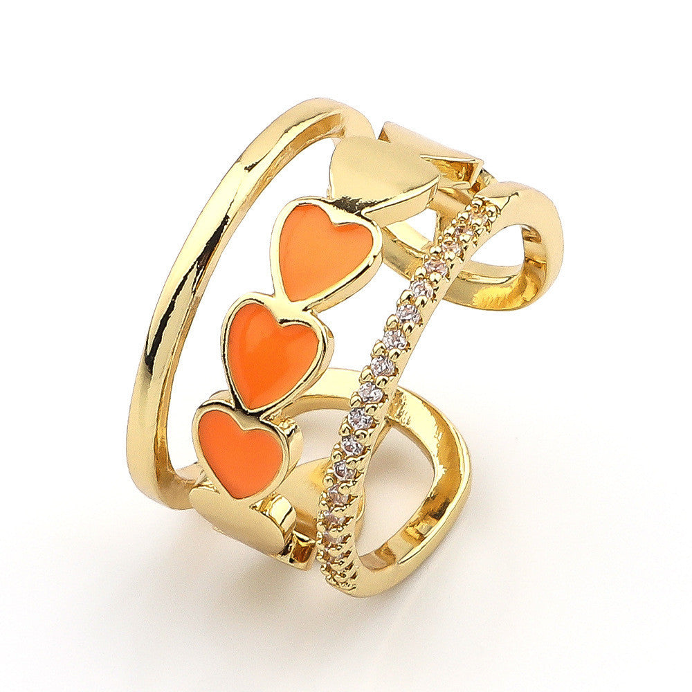 Heart Shaped Zircon Inlaid Copper Ring With Dripping Oil Design Elegant Fashion Jewelry Gift For Her Durable Quality
