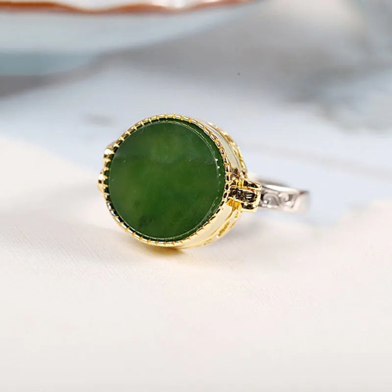 Vintage Green Inlaid Round Ring Copper Womens Adjustable Gold Sterling Silver Vintage Green Inlaid Round Ring Copper