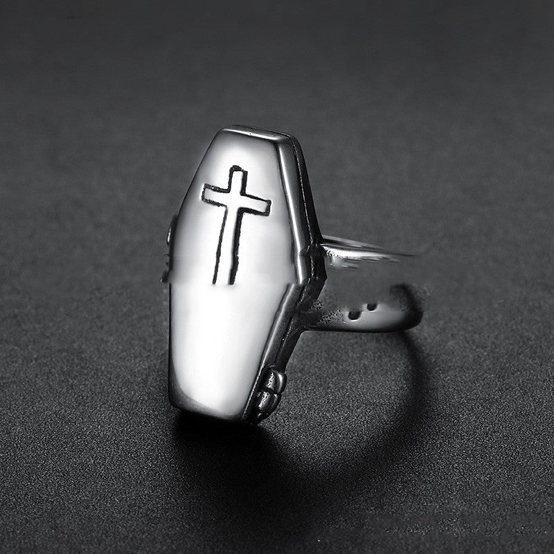 Mens Retro Zombie Coffin Ring Gothic Cross Stainless Steel