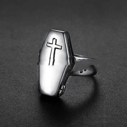 Mens Retro Zombie Coffin Ring Gothic Cross Stainless Steel