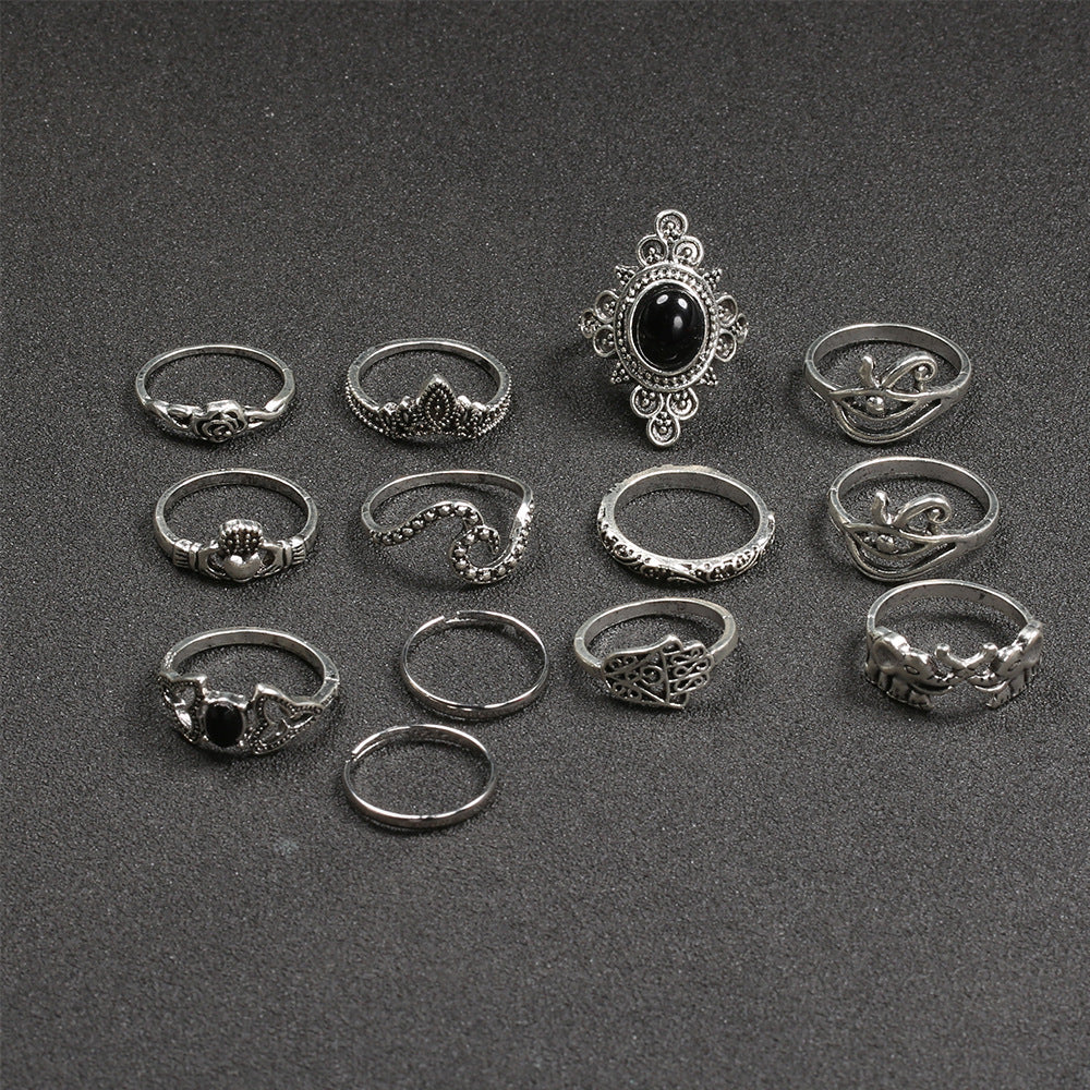 Elephant Ring Hand Carved Black Gemstone Knuckle Ring Alloy Fashion Animal Zodiac European American Ring Style