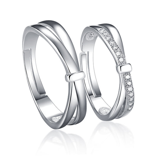 Adjustable Couple Rings Interwoven Design With Imitation Diamond Geometric Wedding Bands 925 Silver Open Style