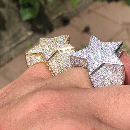 Mens Hip Hop Ring With Full Simulated Diamond Inlaid Five Point Star Alloy Jewelry Bling Accessory Trendy Design