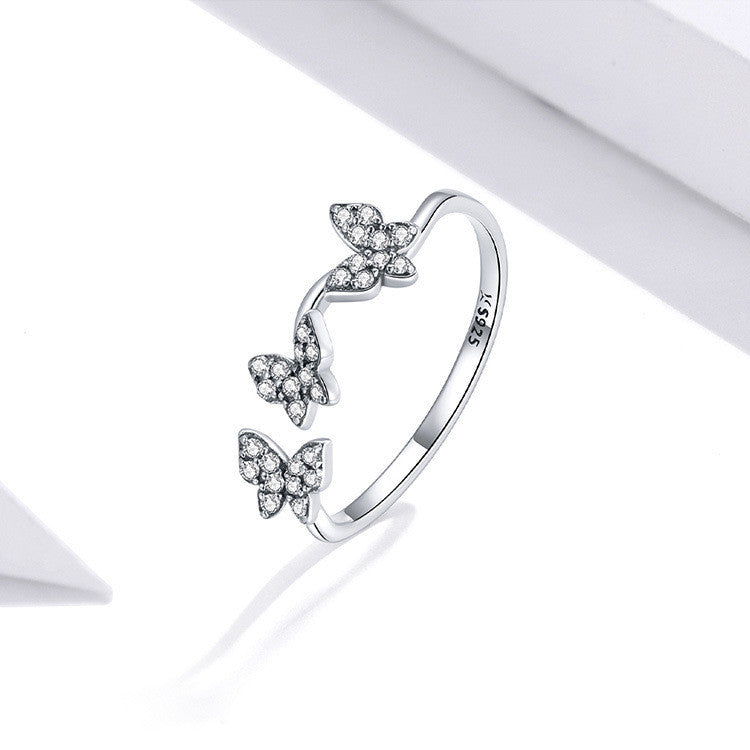 Sterling Silver Butterfly Ring Bow Design Adjustable Open Band Jewelry For Women Electroplated Finish In Modern