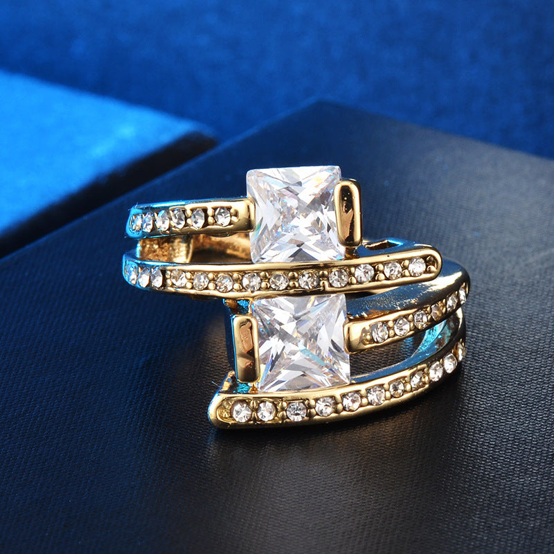 Womens Gold Plated Geometric Zircon Ring Copper Base With Diamond Accent Exquisite Craftsmanship Gift Sleek Gem