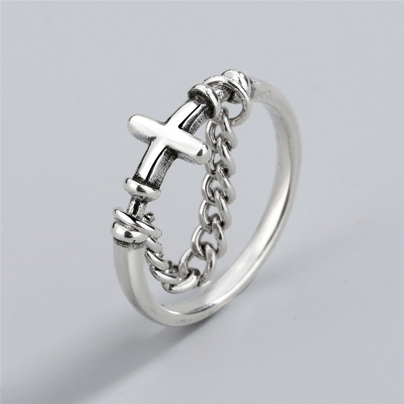 Punk Street Retro Cross Chain Ring Copper Electroplated Geometry Jewelry Thai Silver Style Vintage Silver Tone