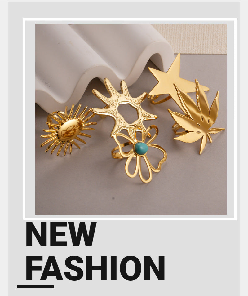 Stainless Steel Ring Retro Textured Geometric Irregular Five Pointed Star European American Design Jewelry For Women