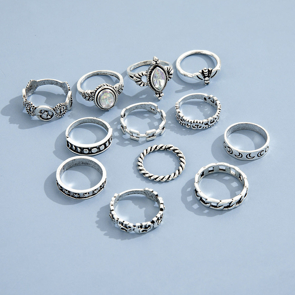 Womens Ring Set Twelve Piece Moon Embossed Lion Head Rings Alloy Metal Rings With Stars And Moon Design European Moon