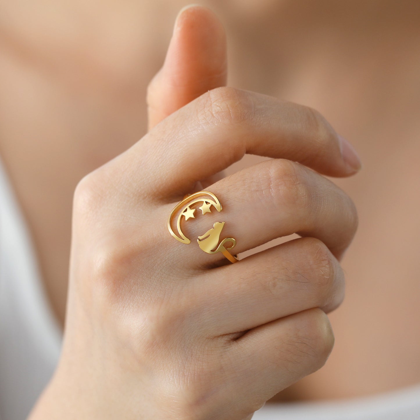 Unisex Crescent Star Ring Stainless Steel Gold Tone