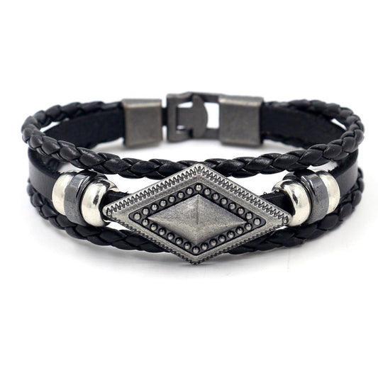Mens Braided Leather Bracelet Double Buckle Geometric Wristband Cowhide European American Design Packed Stylish