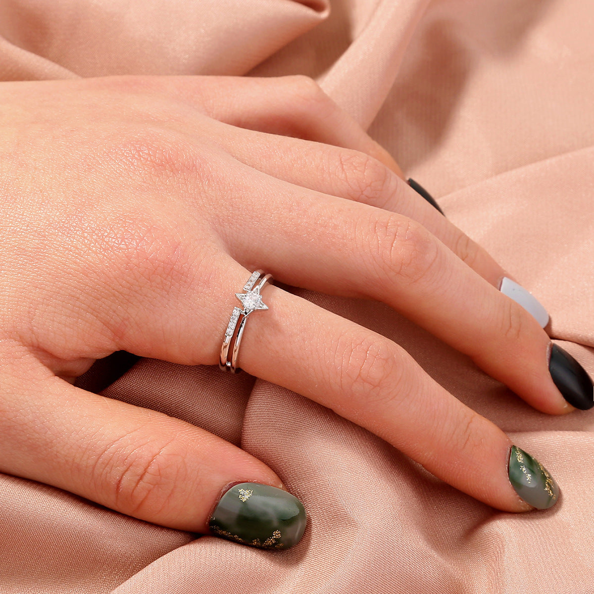 Unisex Copper Ring Adjustable Open Ring With White Zircon Geometric Design Fashion Women And Men One Size Fits