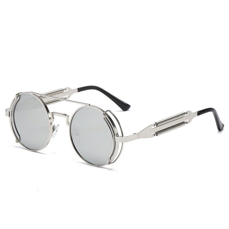 Mens Steampunk Sunglasses With Metal Frame And Plastic Accents Unique Double Spring Leg Design Fashion Eyewear Style