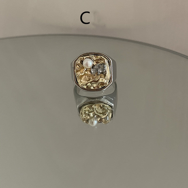 Womens Retro Geometric Alloy Rings Gold Plated Artificial Gemstone Fashion Jewelry Elegant Durable Versatile Chic