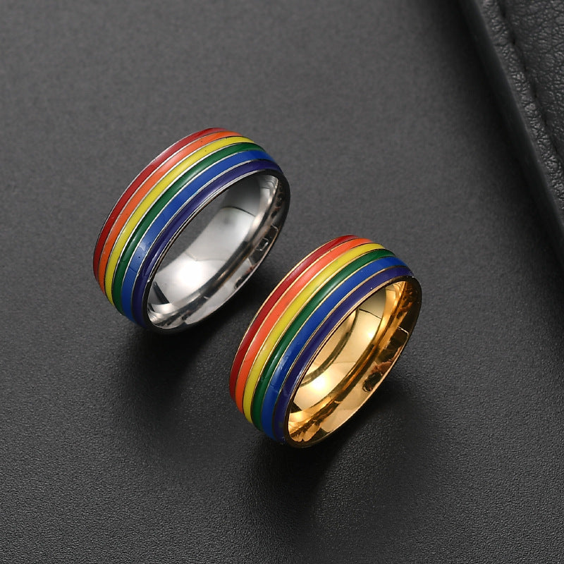 Rainbow Pride Ring Stainless Steel Unisex Jewelry Drop Shape Band In Gold Or Silver Finish For Men And Women Gift Ready