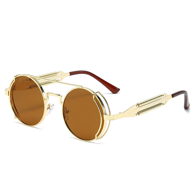 Mens Steampunk Sunglasses With Metal Frame And Plastic Accents Unique Double Spring Leg Design Fashion Eyewear Style