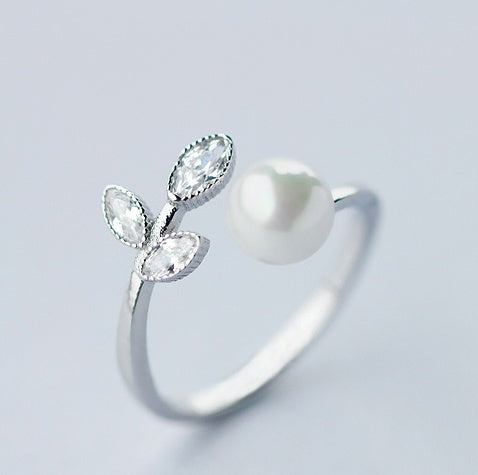 Open Silver Ring Adjustable With Leaf Design Beaded Detailing Korean Fashion Ring For Women And Girls StyleKey