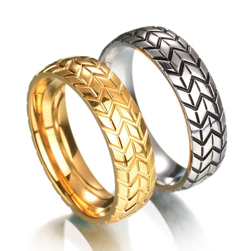 Unisex Metal Geometric Carved Tire Ring Iridescent Design Automotive Ring Gift For Car Lovers Unique Band Ring
