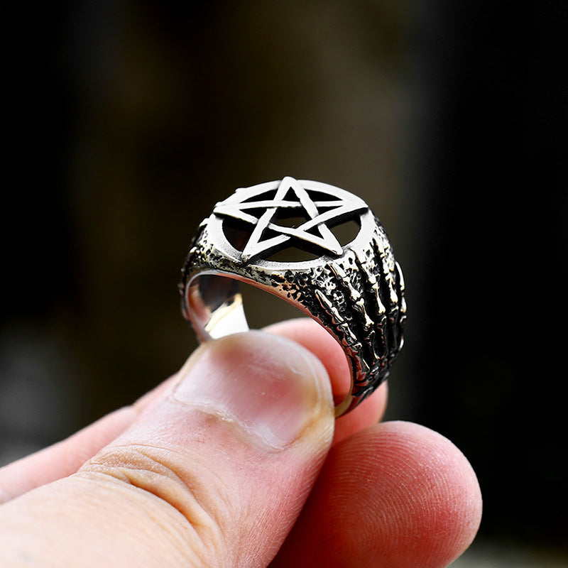 Vintage Stainless Steel Hand Bone Pentagram Ring For Men Silver Star Shape Jewelry US 7 8 9 10 11 12 13 RingX1