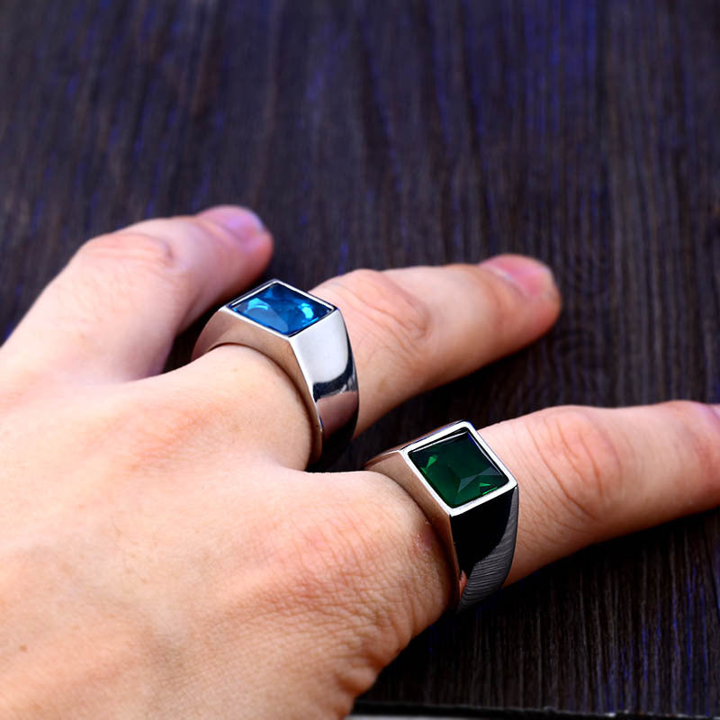 Mens Stainless Steel Inlaid Jewel Ring Retro Geometric Design Durable Fashion Accessory Statement Piece Green