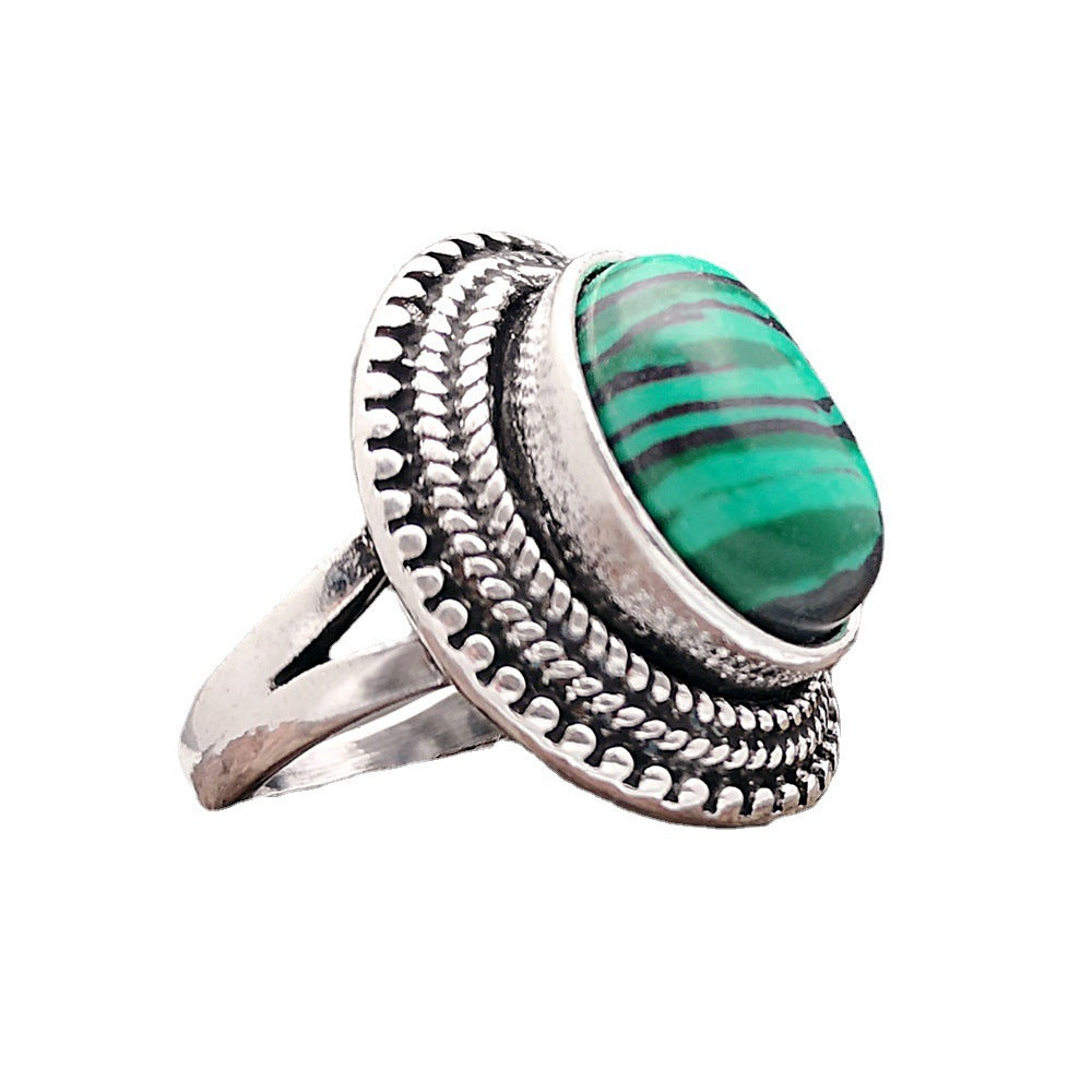 Green Malachite Inlaid Metal Ring Unisex Fashion Jewelry
