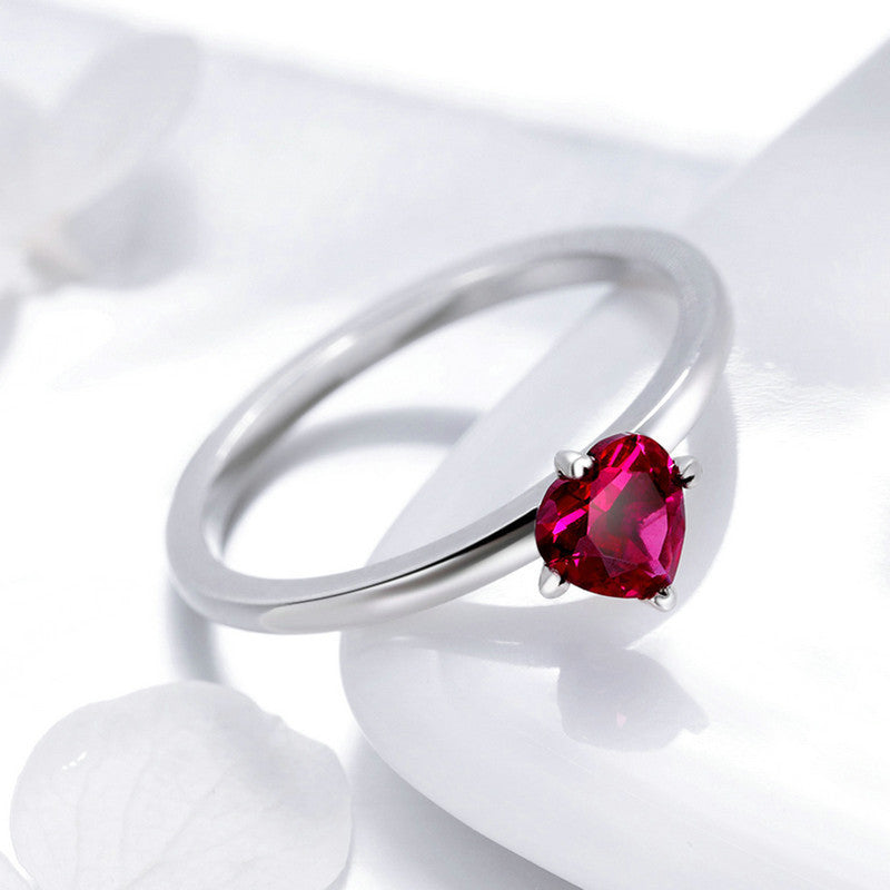 Sterling Silver Heart Ring With Red Zircon Inlay 925 Oxide Finish European Style Jewelry European American Jewelry
