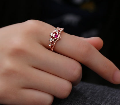 Rose Gold Crystal Ring Love Heart Crown Rhinestone Jewelry For Women Elegant Sparkling Design For Everyday Use
