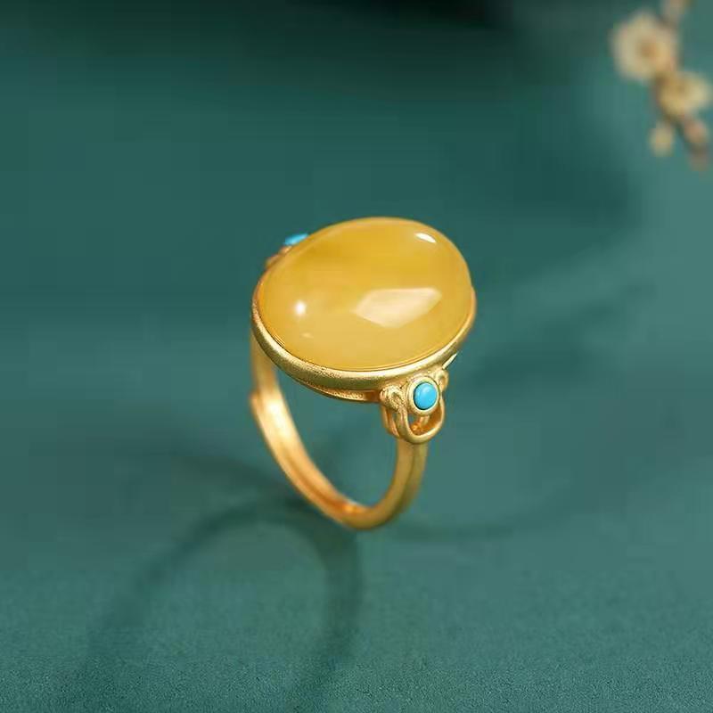 Beeswax Amber Ring Bowknot Design Silver Plated Ancient Gold Finish Brass And White Steel Women Adjustable Fit