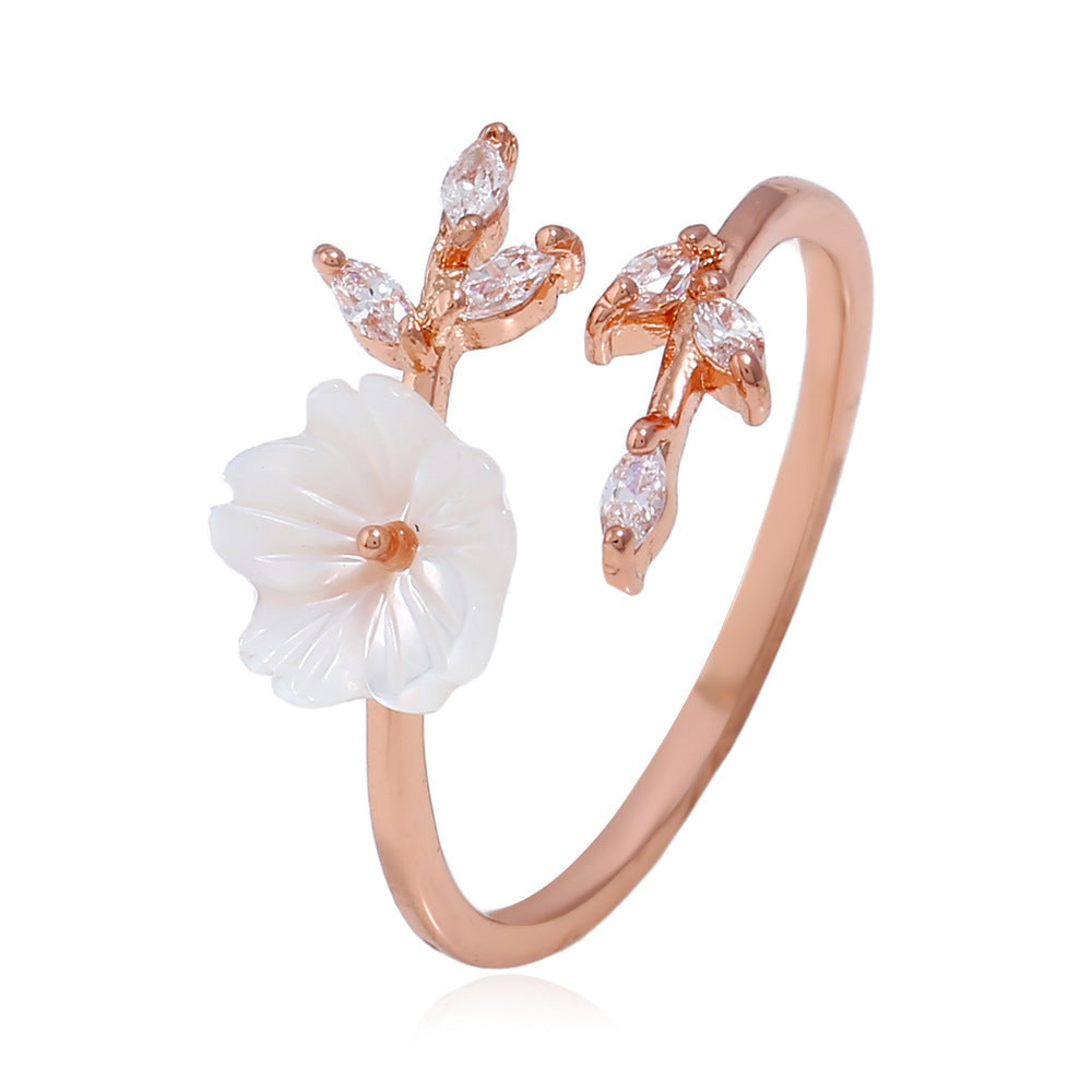 Rose Gold Plated Open Ring With Zircon Branches And Leaves Design Copper Adjustable Rings Shell Flower Details