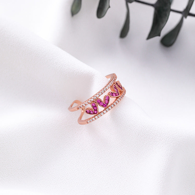 Openwork Heart Ring Alloy With Adjustable Band Inlay Gemstones Rose Gold Or Silver Korean Style Jewelry Design