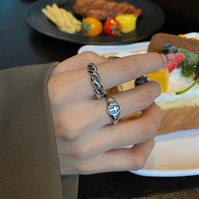 Vintage Silver Plated Cross Ring Adjustable Trendy Ring Simple Design Epoxy Jewelry Fashion Ring Gifts For Her
