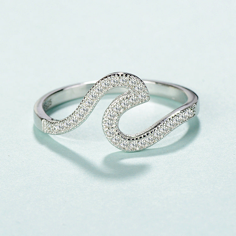 Silver Ring With Platinum Plated Finish And Micro Zircon Inlays In A Wave Design For Women Gift For Everyday Wear