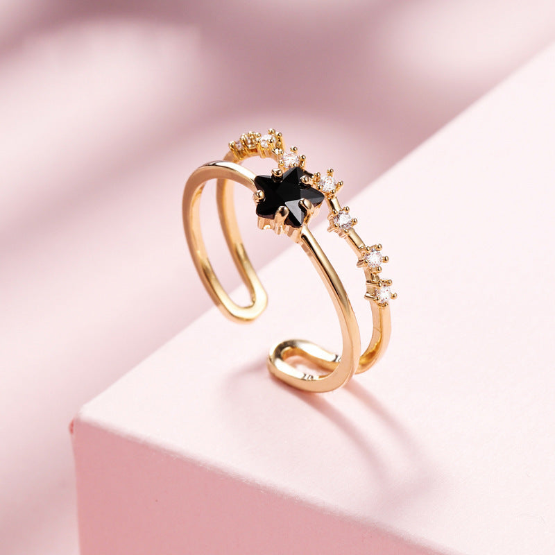 Star Double Layer Ring For Women Gold Plated Copper With Cubic Zirconia Adjustable Opening With Sparkling Gems