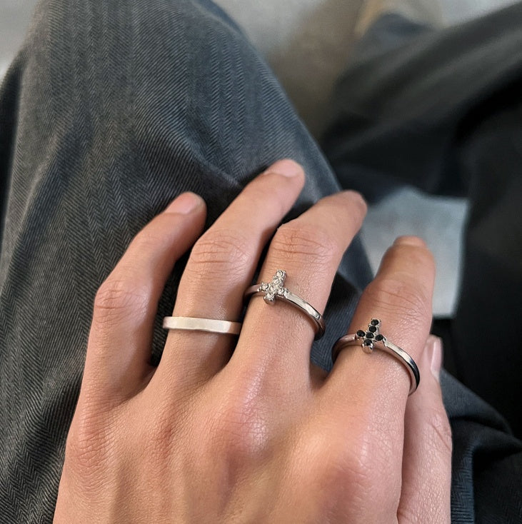 Mens Titanium Steel Ring Cross Crown Roman Numeral Pattern Diamond Zirconia Accent Silver Black Band Vintage Style Ring