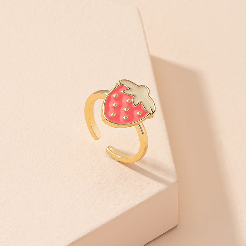 Women Adjustable Strawberry Ring Cute Cartoon Girl Ring Alloy Electroplated Ethnic Retro Geometric Insta Style