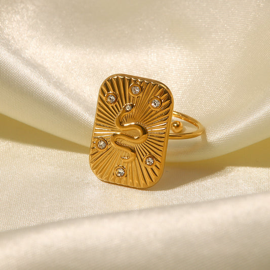 Womens Ring 18K Gold Plated Stainless Steel Snake Design With Square Inlaid Diamond Accent Fashion JewelryLuxe