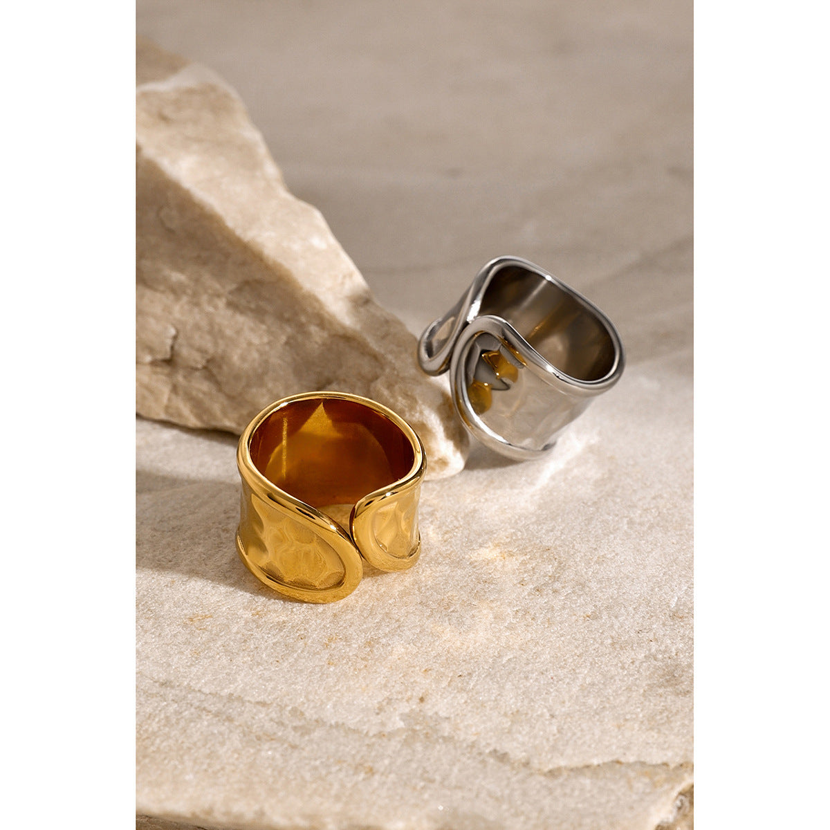 Unisex Stainless Steel Ring Hammered Design Asymmetric Band Cold Wind Ring Unique Niche Statement Ring for Men and Women Fashion Jewelry