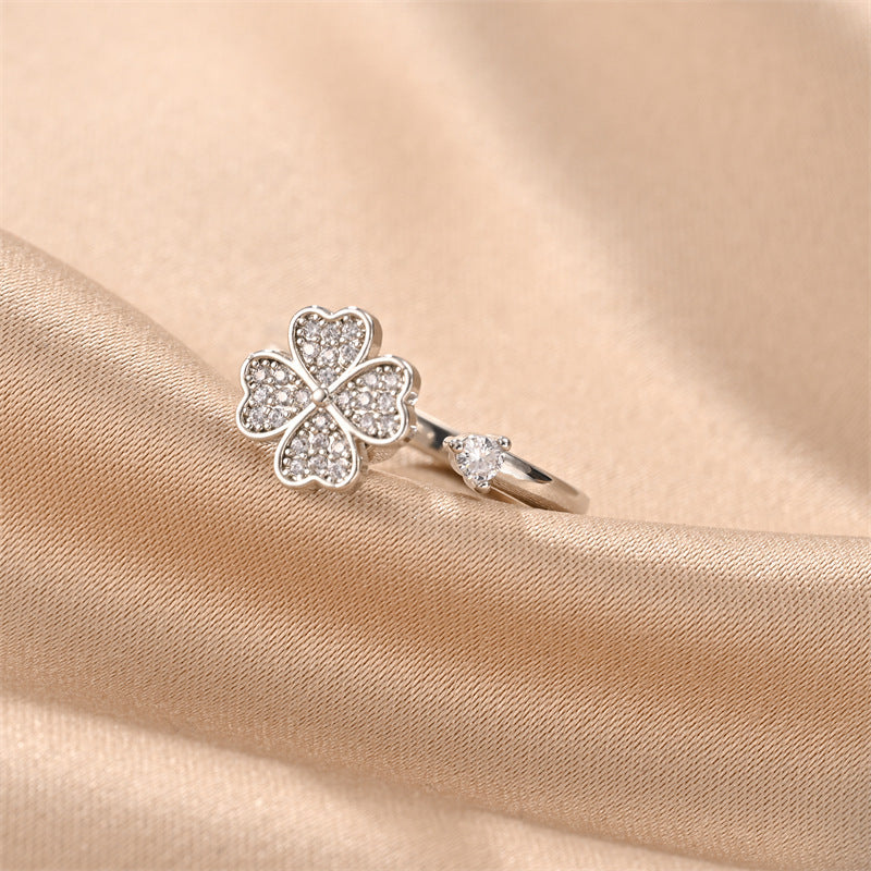 Rotating Clover Ring for Women Four Leaf Gold Silver Tone