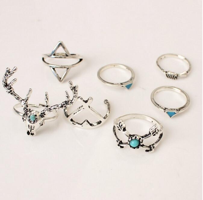 Bohemian Elk Head Ring Set Turquoise Arrow Jewelry Gift