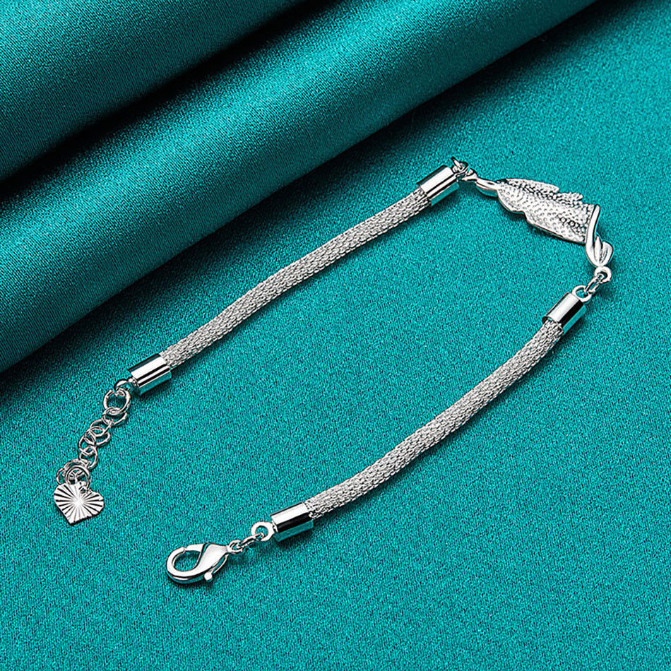 Womens Silver Bracelet Hollow Mesh With Hanging Leaf Design And Geometric Letter Accent Jewelry For Everyday Style