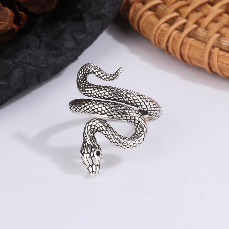 Unisex Copper Snake Ring Adjustable Multi Layer Winding Design Retro Silver Finish Distressed Look Statement Fashion