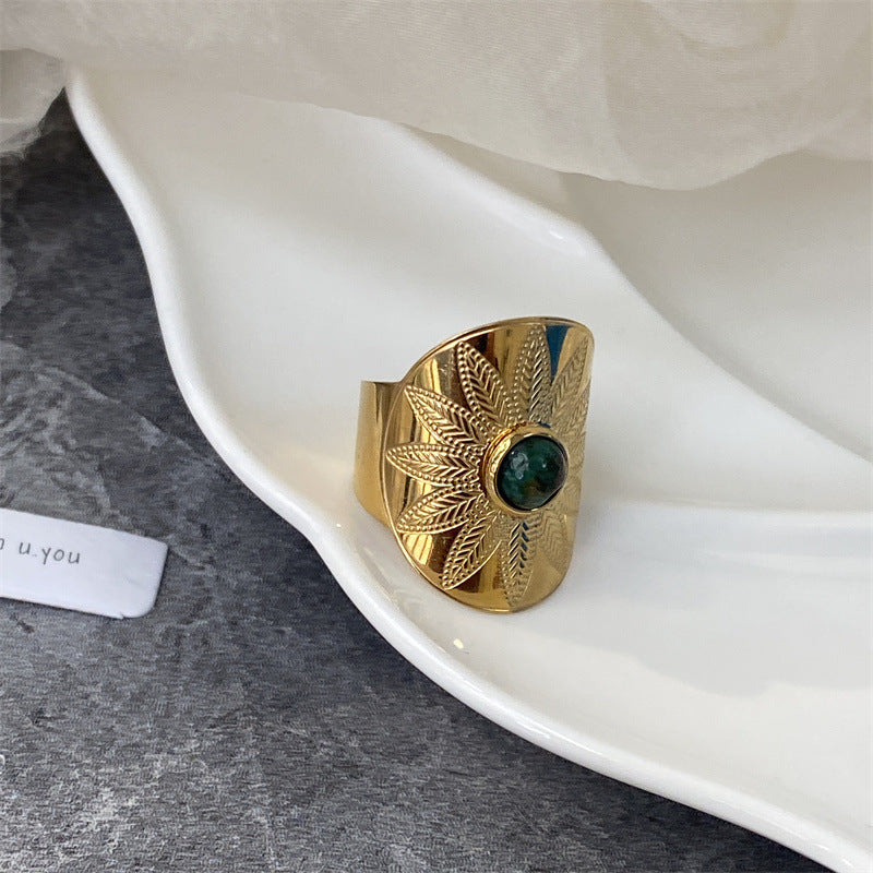 Gold Titanium Steel Ring With Turquoise Inlay Geometric Laser Flower Opening Adjustable Fashion Jewelry Elegant Trend