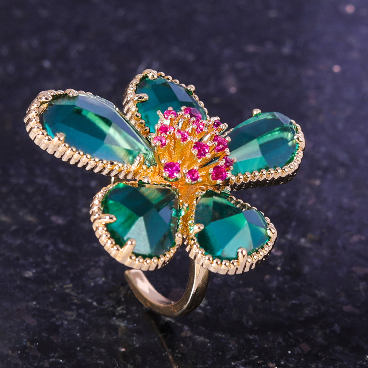 Green Flower Open Adjustable Copper Zircon Ring Geometric Fashion Jewelry For Women Gift For Everyday Wear Now