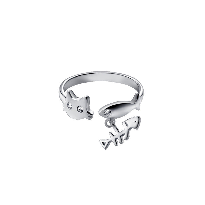 Sterling Silver Ring For Women Loveable Kitten Fish Bone Design Adjustable Opening Zodiac Jewelry Gift For Her