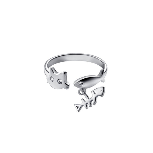Sterling Silver Ring For Women Loveable Kitten Fish Bone Design Adjustable Opening Zodiac Jewelry Gift For Her
