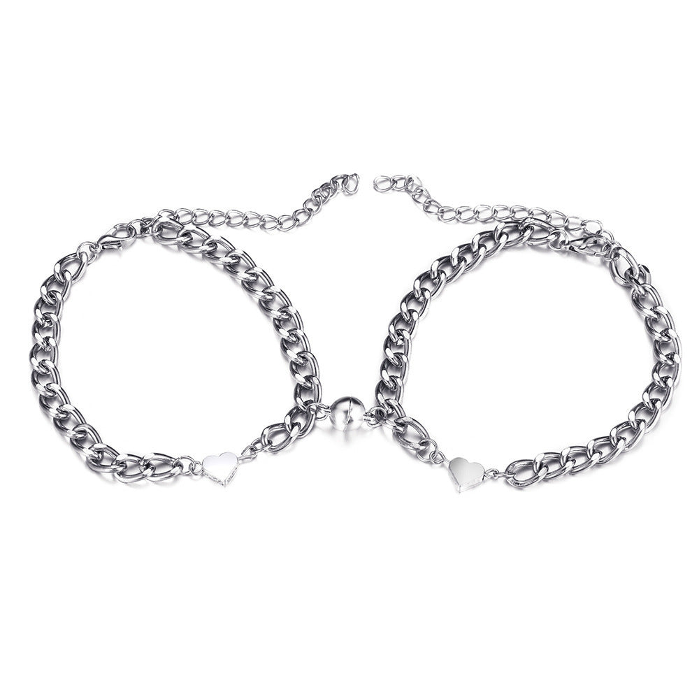 Matching Couple Bracelets Set Magnetic Clasp Adjustable Length Geometric Alloy European Fashion Jewelry For Lovers